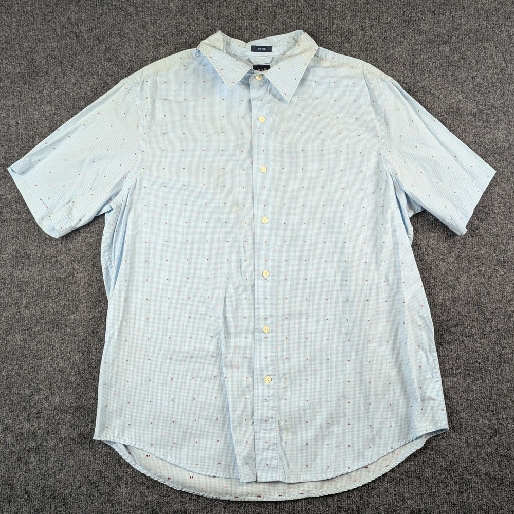 Gap Mens XL Short Sleeve Button Down Shirt Blue Micro Check Polka‎ Dot Fitted